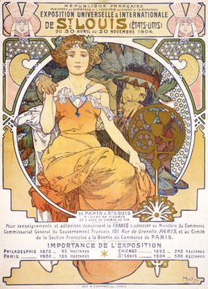 Art nouveau color lithograph poster showing a seated woman clasping the hand of a Native American